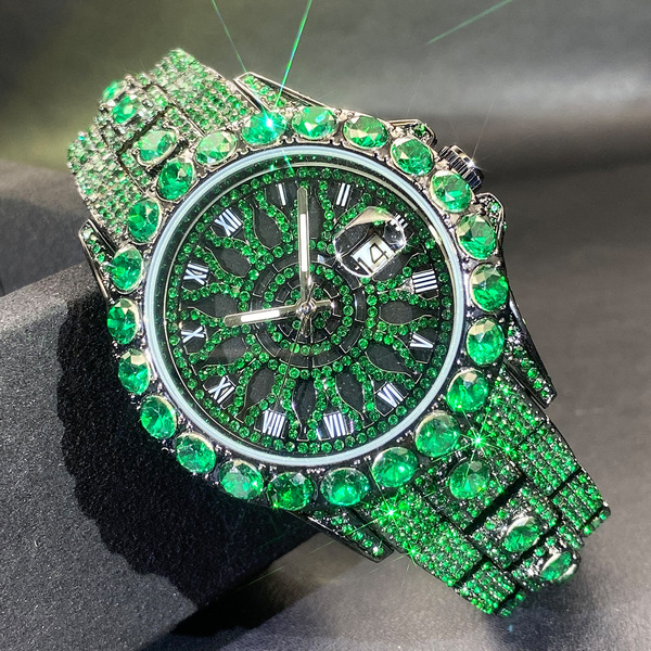 Quality trend green swiss watch hip-hop style with rhinestones