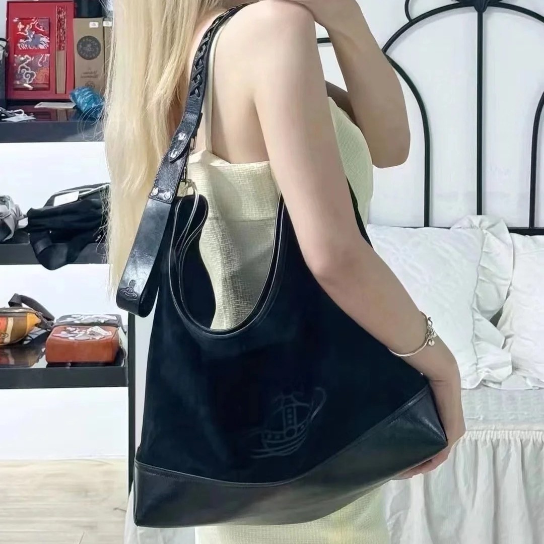 Vivienne Westwood Saturn Vintage Hobo Bag Retro Suede Tote Bag For Women Large Capacity Shoulder Underarm Bag - Thumbnail 2