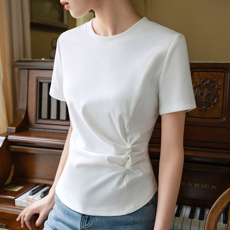Camiseta de manga corta para mujer verano 2023 nuevo hombro de cuello redondo Mujer color sólido diseño Camiseta de algodón plisado cintura superior