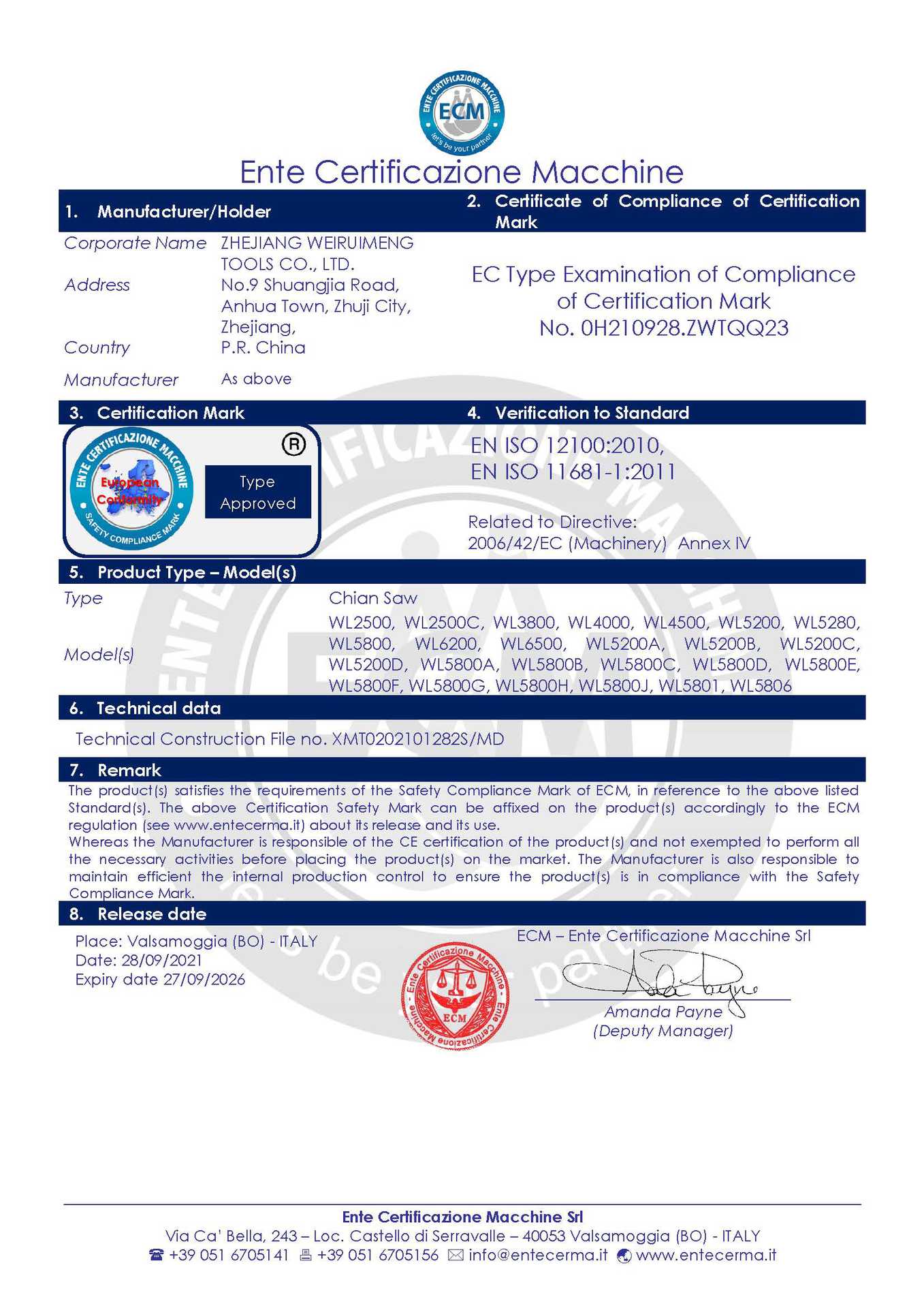 WL系列油锯CE认证