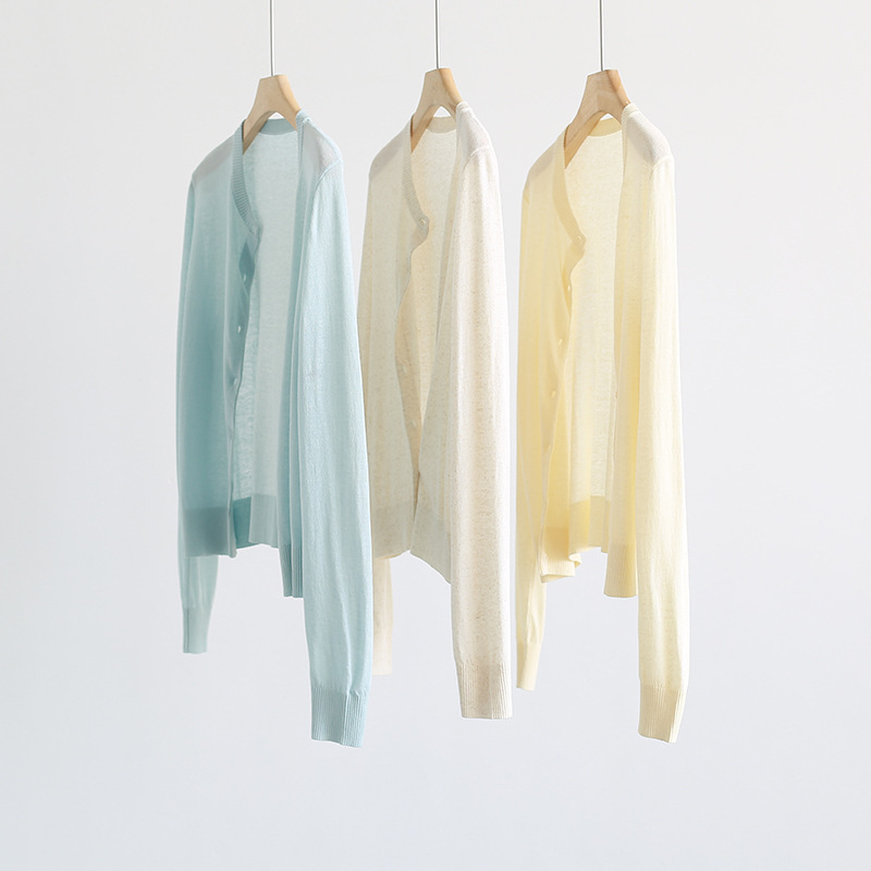 Spring and Summer Korean Style Pure Color Breathable Linen Round Neck Knitted Cardigan Pure Color Thin Long-Sleeved Jacket Air-Conditioning Shirt Sun Protection Clothing