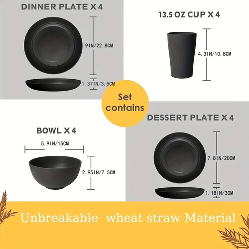 Cross-border wheat straw bowl set, home-use plate, bowl, cup set, black tableware, 16-piece set, high-end tableware