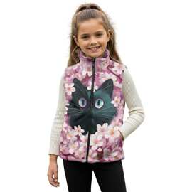 可爱小猫樱花印花女童立领马甲中大童学生校服马甲内搭外穿秋冬季