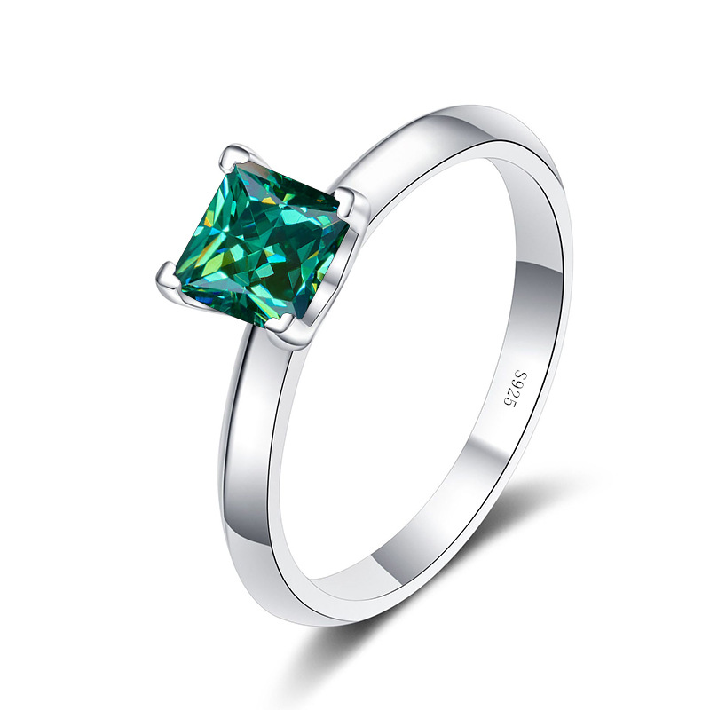Anillo de plata esterlina mujer T desnudo cuatro garras 1 quilates 2 quilates princesa cuadrada rosa azul verde anillo de piedra de mozanita