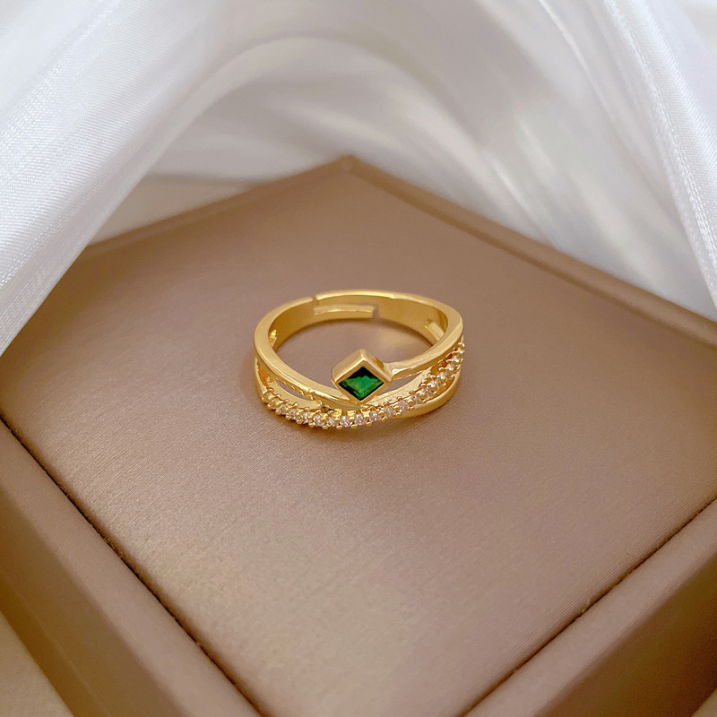 Anello a croce verde con diamanti incastonati, apertura regolabile, gioiello semplice giapponese, anello per coppie_voghion.com
