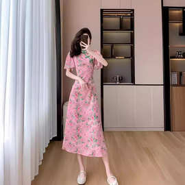 【辰邦斯】2024夏季新款新中式改良旗袍印花修身显瘦长款连衣裙