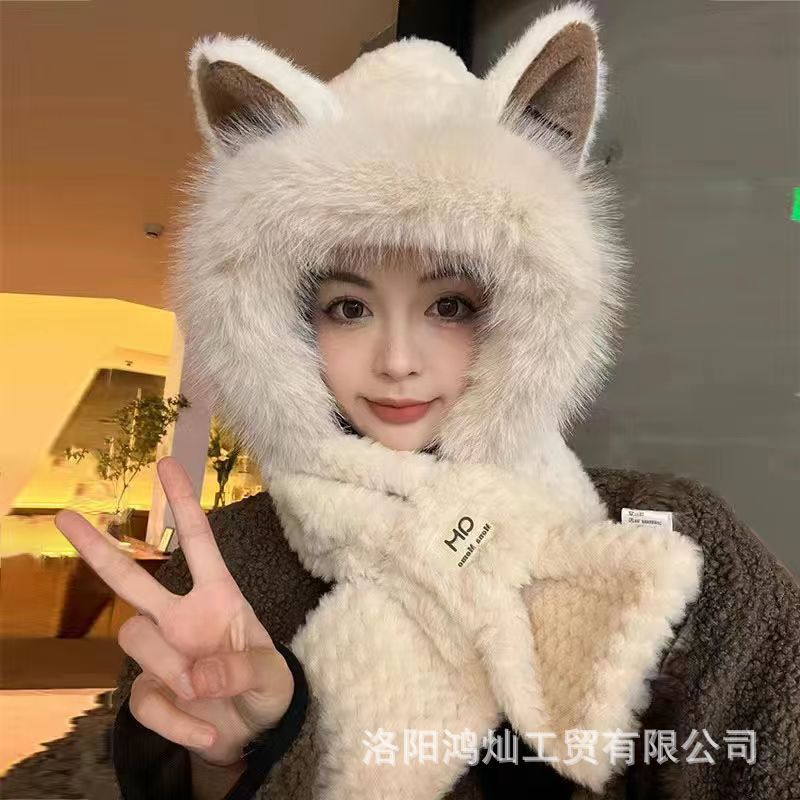 2024新型かわいいベルベット帽女子秋冬マフラー一体保温厚手自転車耳保護防寒毛糸帽|undefined