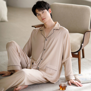 Spring and Autumn Men's Pajamas Long Sleeve Ice Silk Thin Cardigan plus size Champagne Gold Satin Silk Home Clothes Ice Silk