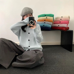 韩系秋冬新款圆领单排扣简约多巴胺色系加厚宽松针织毛衣外套女