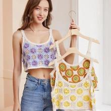 首尔欧尼韩国代购东大门夏季新短小吊带针织背心女镂空针织编织花