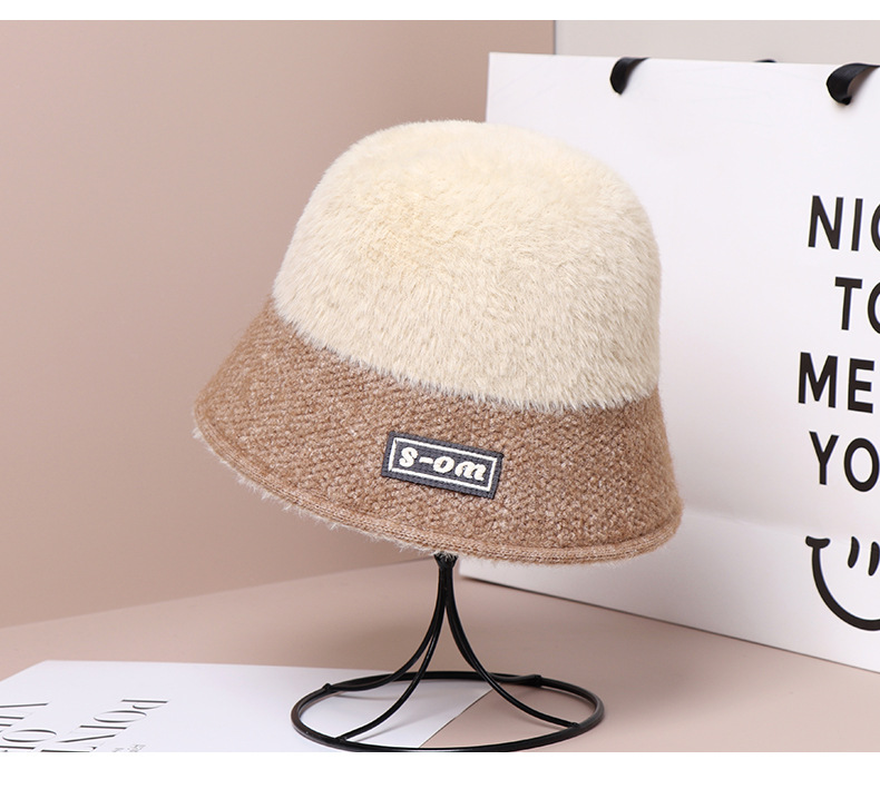 Stickad bucket hat för dam höst och vinter varm färgglad_voghion.com