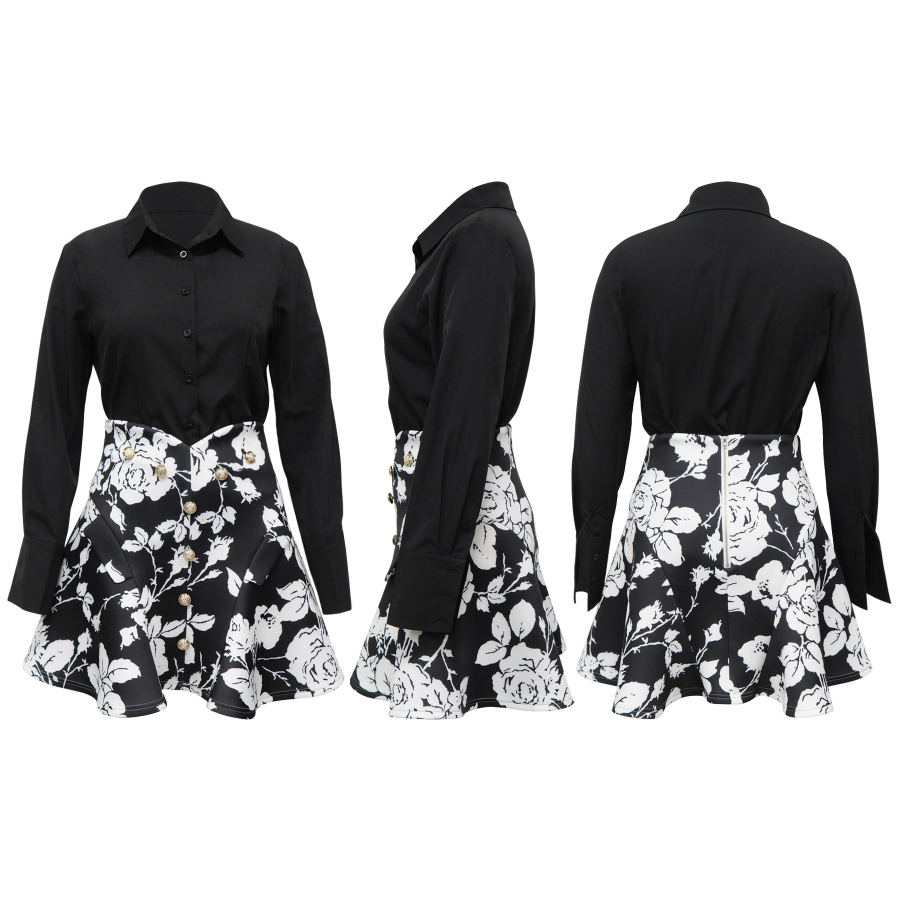 Women's Fashion Long Sleeved Collared Printed Skirt Set Waist Cinching Short_ecoleips.com