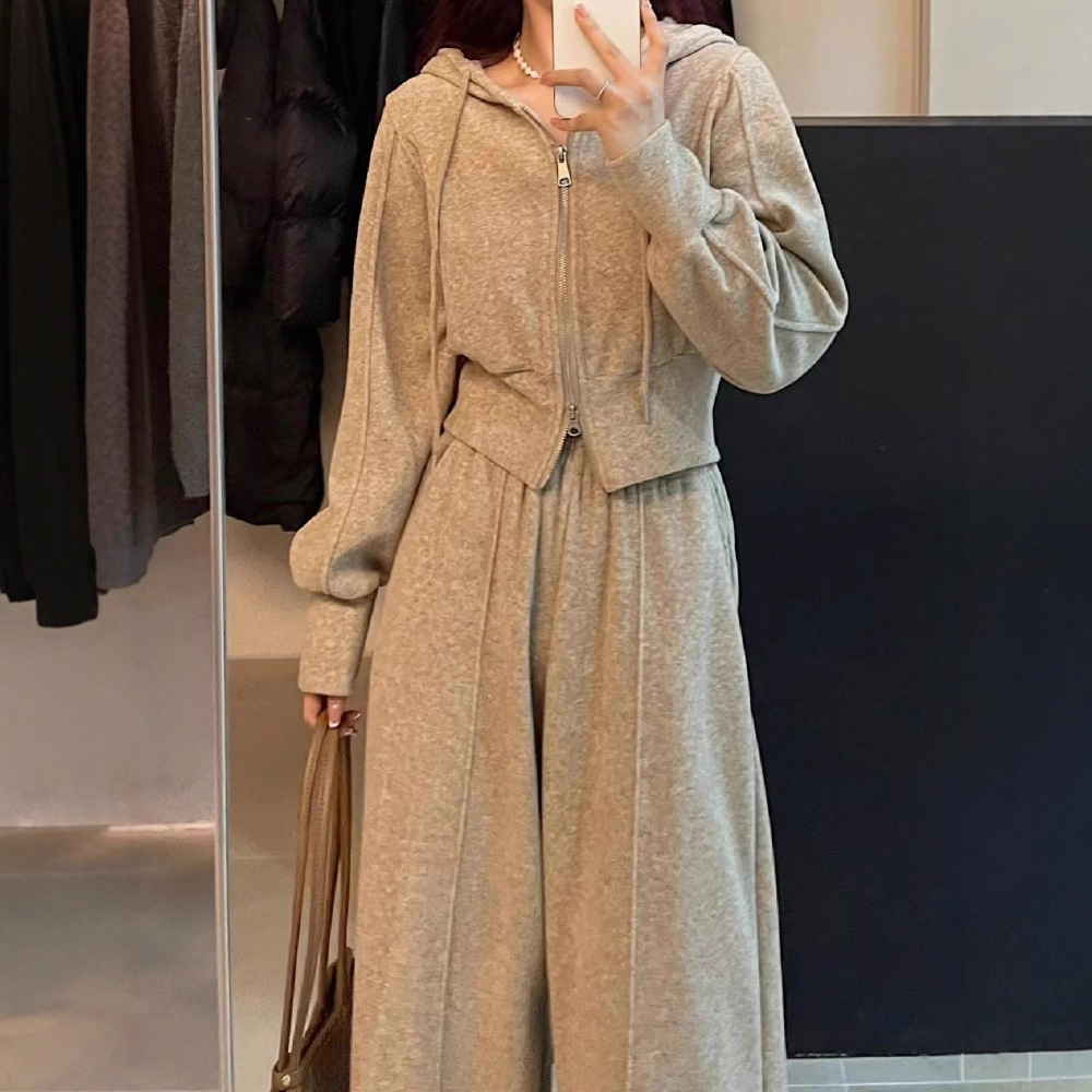 Casual Sporty Trendy Tracksuit for Women, Spring, Autumn, Winter Korean Style Hooded Sweatshirt and Wide-Leg Pants Two-Piece Set Versatile