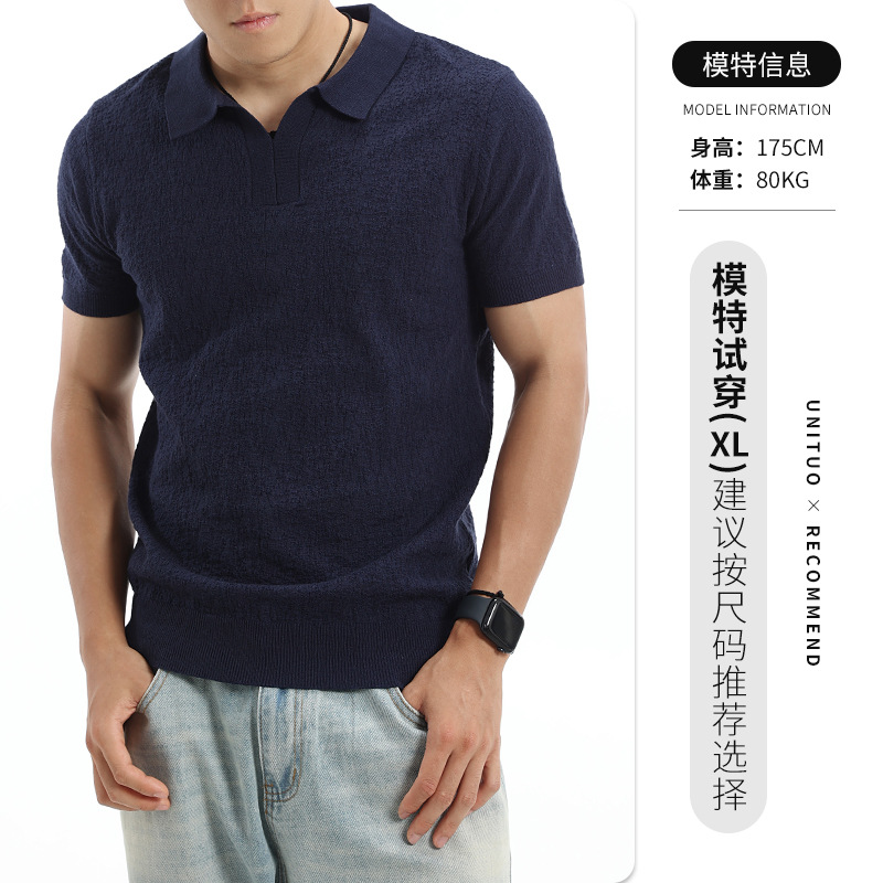 Europa y América transfronterizos textural hombre polo cuello V de punto de manga corta negocios casual alta sensación de ropa de hombre