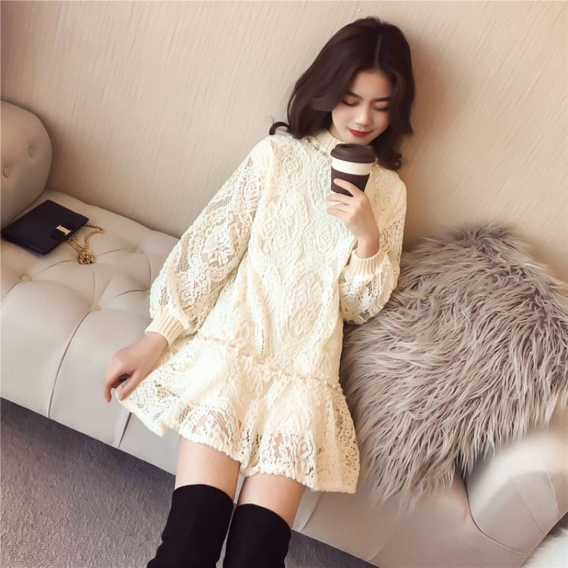 加绒加厚秋冬新款打底连衣裙韩版圆领缝珠荷叶边蕾丝打底a字短裙|undefined