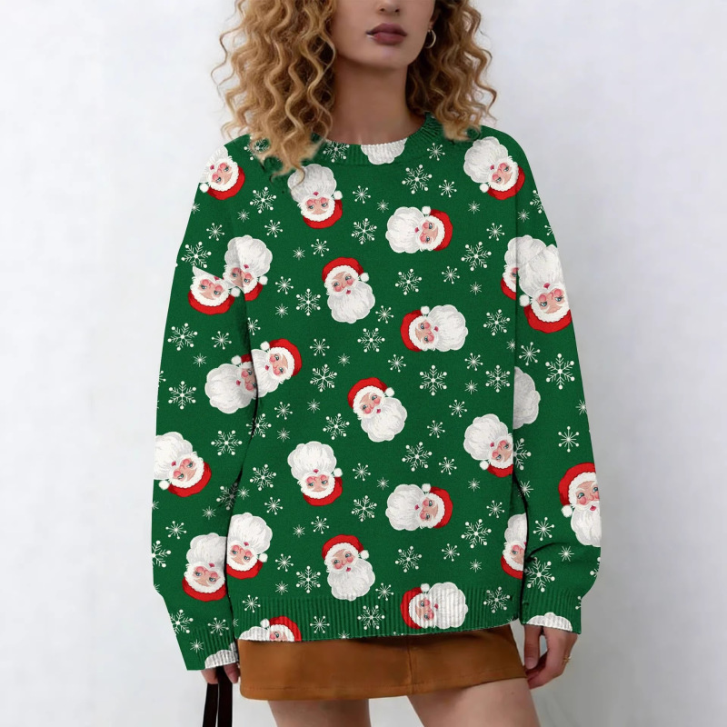 Green Santa Claus Print Christmas Ugly Sweater, Loose Round-Neck Knitwear for Autumn and Winter, Festive Atmosphere, Exclusively for Cross-Border Sales