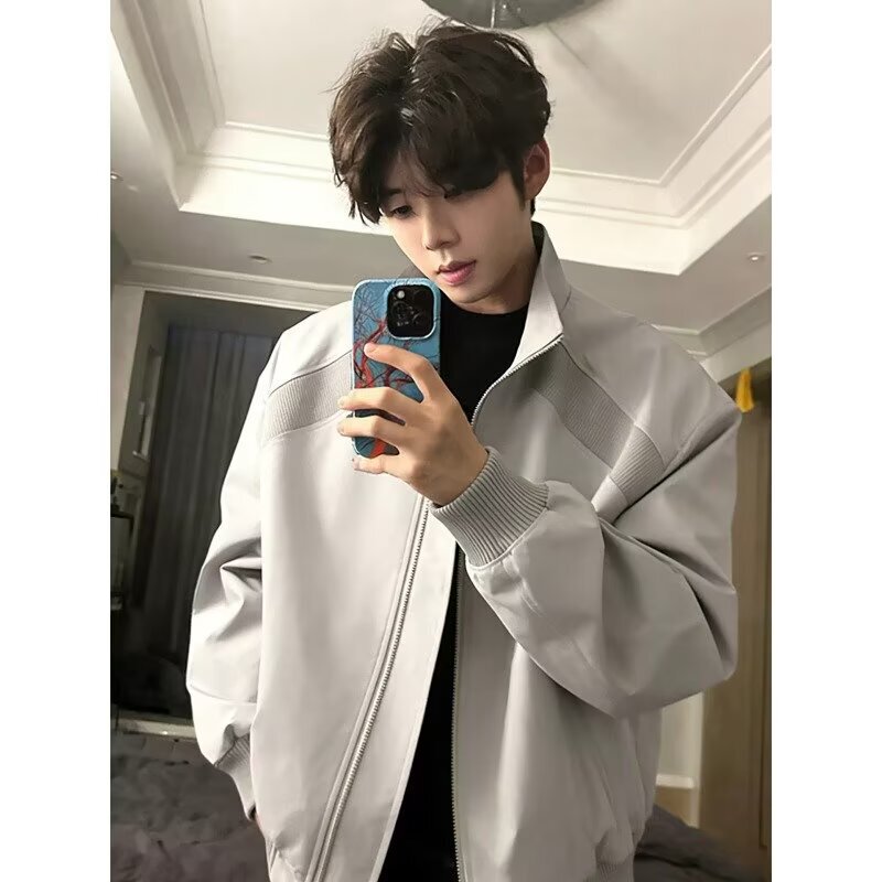 American-style heavy-duty stand-up collar jacket for men, spring and autumn, simple loose-fitting zip-up top, trendy brand, stylish and high-end outerwear
