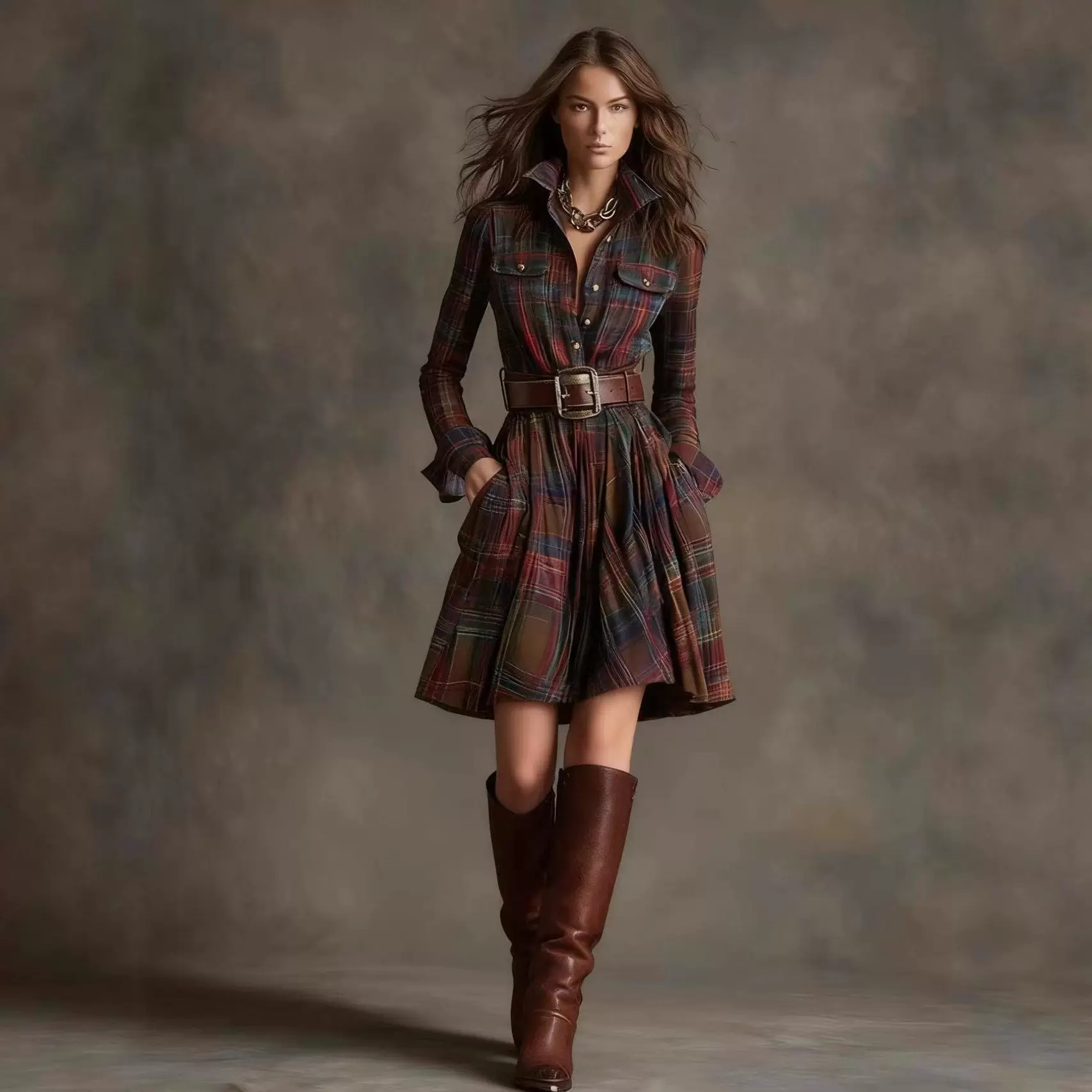 大码女装法式复古格子显瘦不规则连衣裙束腰皮带女欧美亚马逊新款