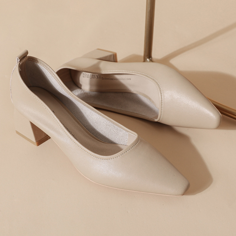 5888-1 Leather Small Square Head Thick Heel High Heel Soft Leather Work Shoes Middle Heel 5cm Milk Shoes New Single Shoes for Women