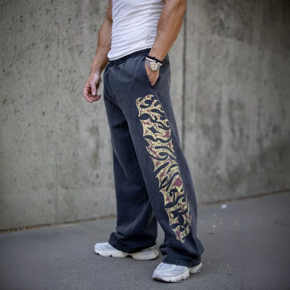 YOUNGLA美式潮牌男士运动裤健身房运动健身宽松直筒印花休闲长裤