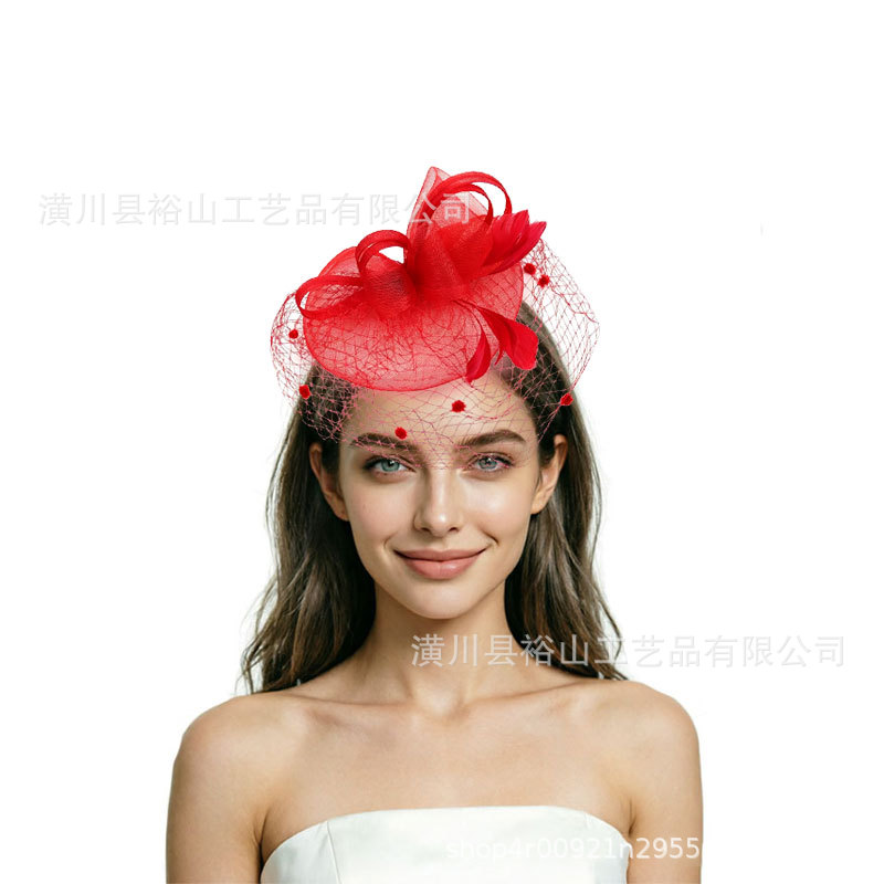 Cross-border bridal veil hair accessory, wedding party bow top hat, hair clip, horse racing festival feather face-covering mesh headpiece