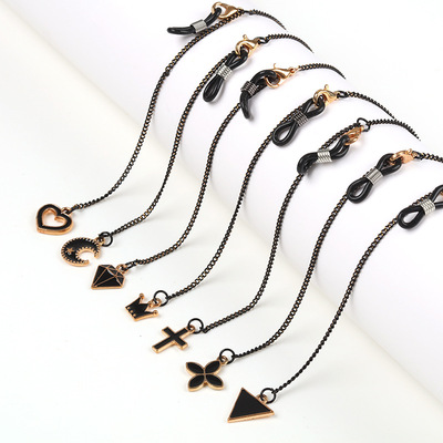 歐美跨境飾品眼鏡鏈防滑挂脖男女鏈子挂繩眼鏡鏈條防滑丟黑色吊墜