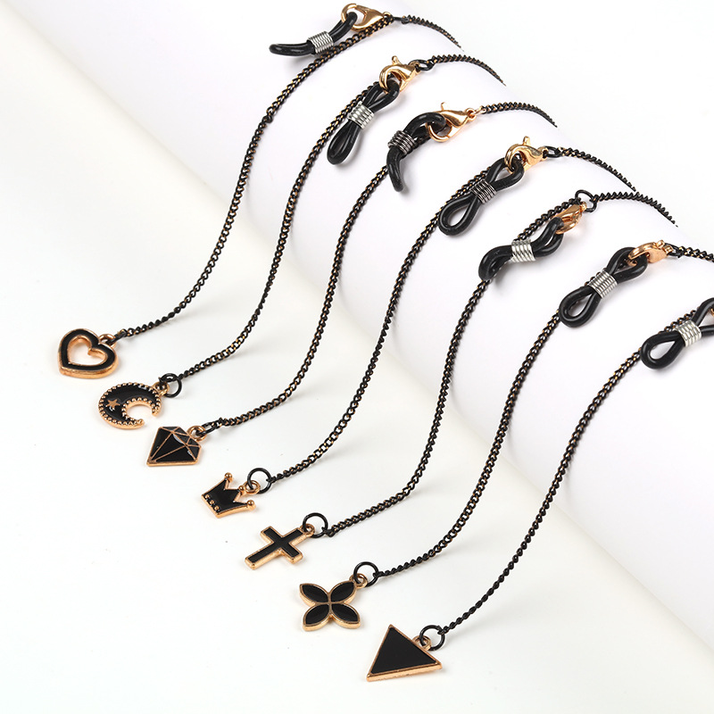 歐美跨境飾品眼鏡鏈防滑挂脖男女鏈子挂繩眼鏡鏈條防滑丟黑色吊墜