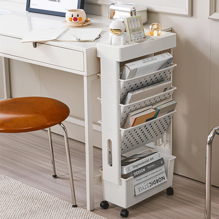Small Bookshelf Beside Desk Simple Gap Cart with Wheels for Book Storage Removable Floor Storage Rack