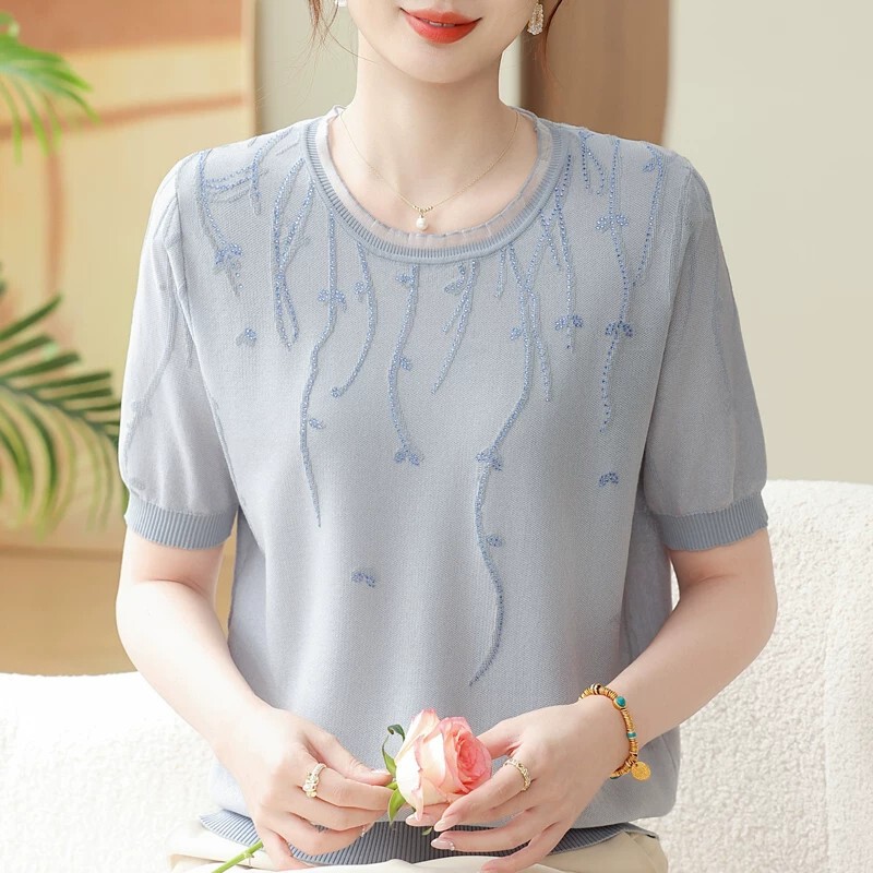 Mother's Day Summer Knit Short-Sleeve Top for Mom 2026 New Style Elegant Ice Silk T-Shirt for Middle-Aged and Elderly Women Mother's Day Summer Knit Short-Sleeve Top for Mom 2026 New Style Elegant Ice Silk T-Shirt for Middle-Aged and Elderly Women
