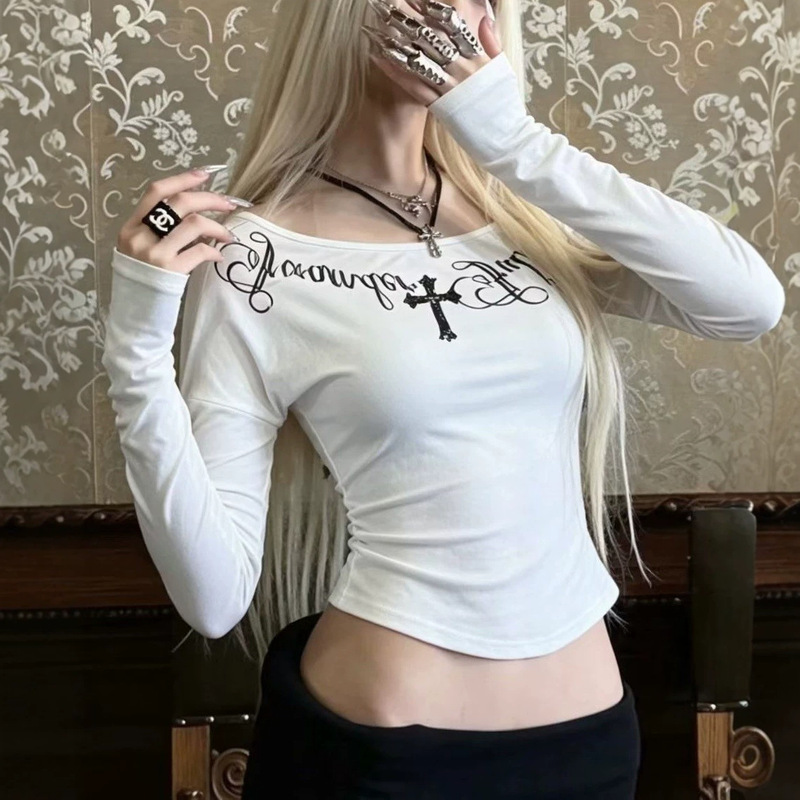 American high street style cross-print black off-shoulder long-sleeve T-shirt for women, 2026 autumn slim-fit trendy top