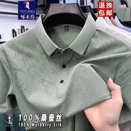 啄木鸟桑蚕丝短袖t恤男士2026夏季新款冰丝半袖体恤POLO衫爸爸装T