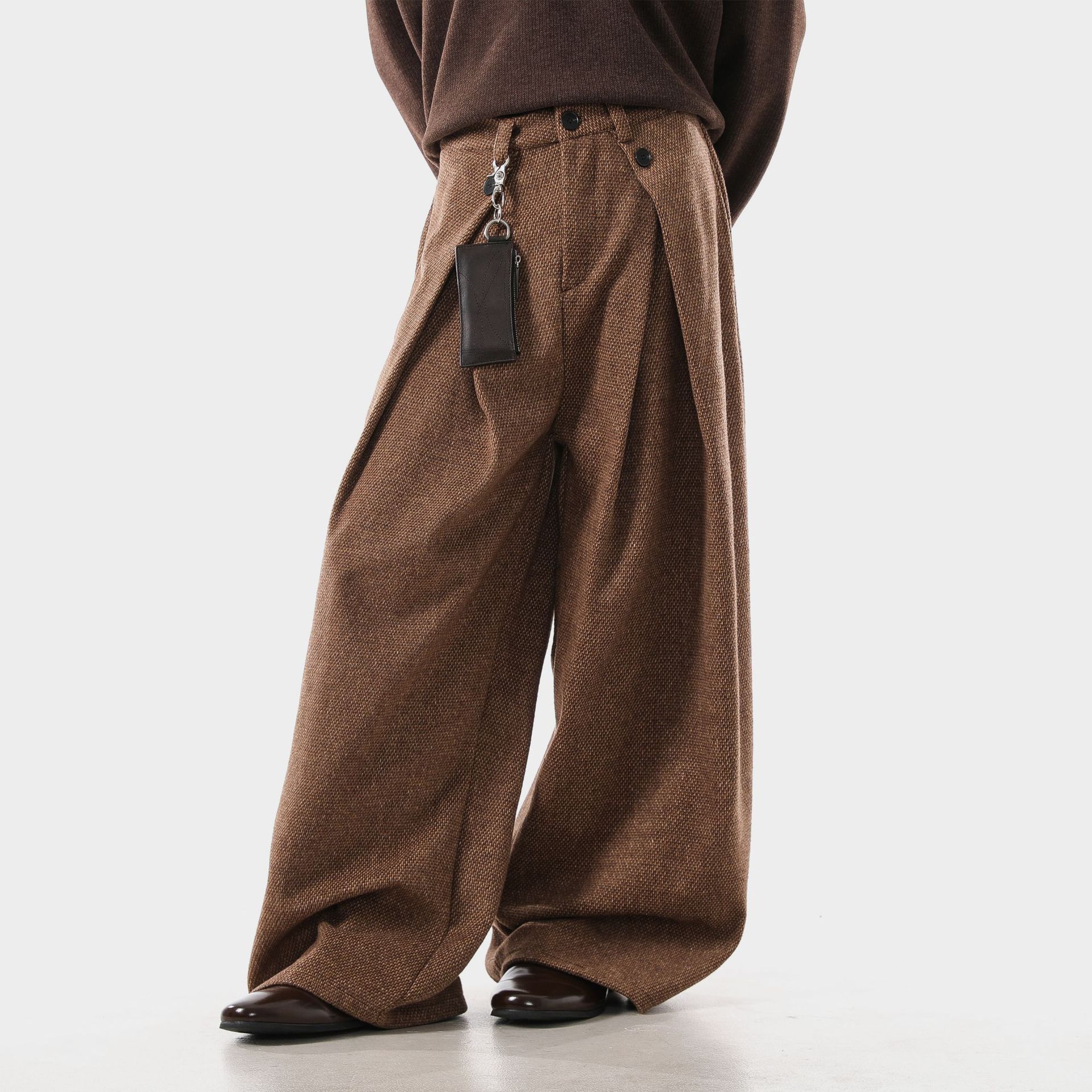 American Retro Old Money Style Simple A-Line Pleated Woolen Trousers Winter Thickeneded Loose Wide-Leg Casual Pants for Men and Women