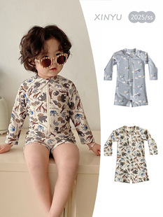 [男宝宝ins海边度假连体泳衣儿童速干防晒游泳衣男童长袖婴儿泳装]