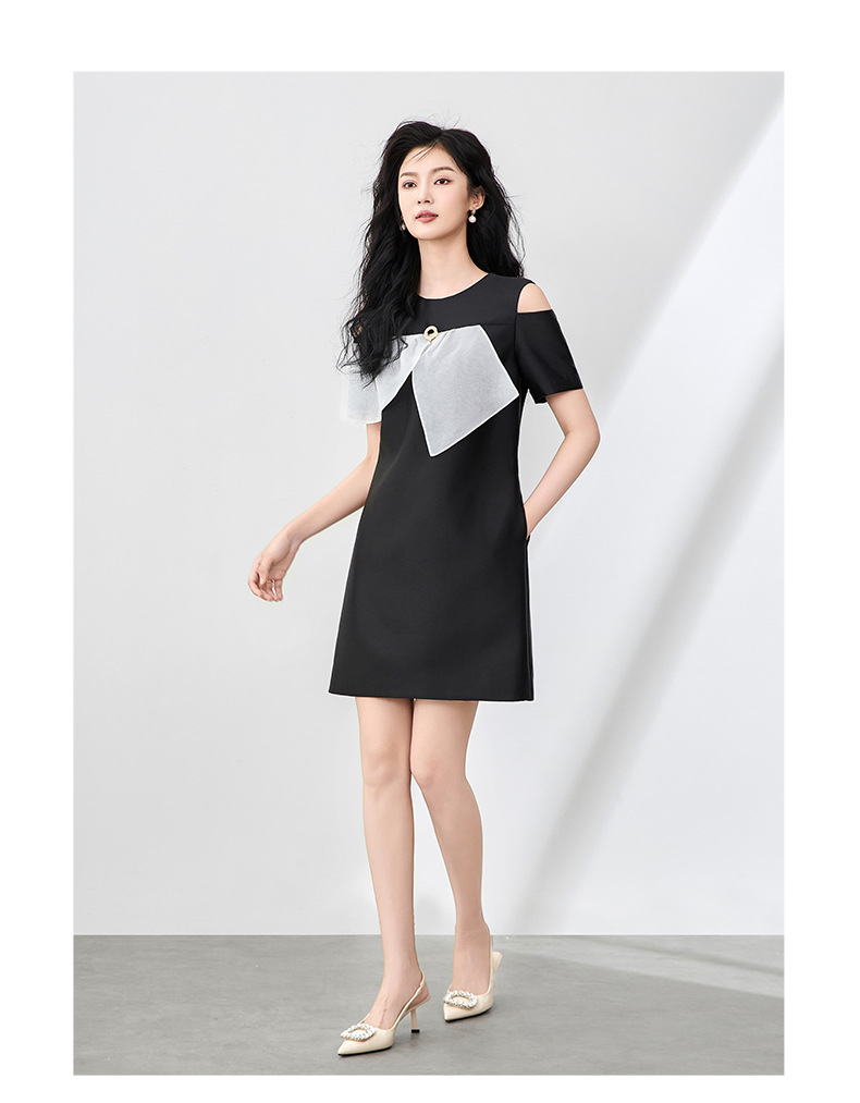 Váy liền nữ lụa phối satin organza tay ngắn thắt eo — Màu đen chi tiết 10