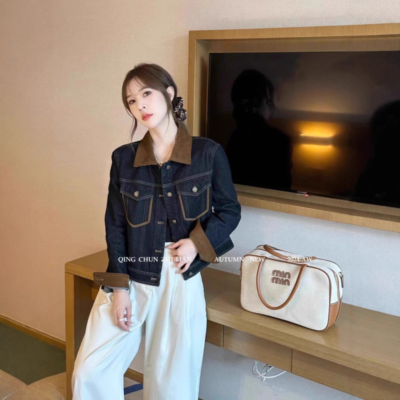 Corduroy Lapel Patchwork Denim Jacket for Women 2026 Spring and Autumn New Style Petite Short Jacket with a High-End Feel