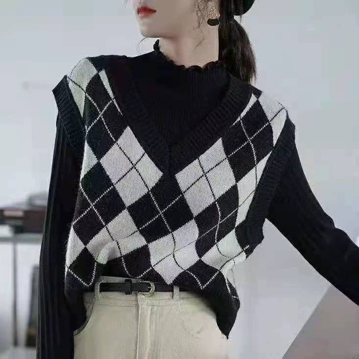 2022 осенне-зимний винтажный базовый вязаный свитер с накладками, Женский ромбовидный жилет в Корейском стиле с V-образным вырезом в японском стиле, женский жилет
