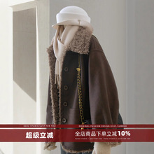 4U4U 深咖色两面穿PU皮外套女冬季新款韩系廓形环保皮毛一体棉服