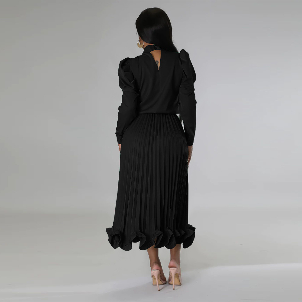 Abbigliamento da donna Top con maniche a sbuffo Gonna plissettata con volant Set due pezzi_voghion.com