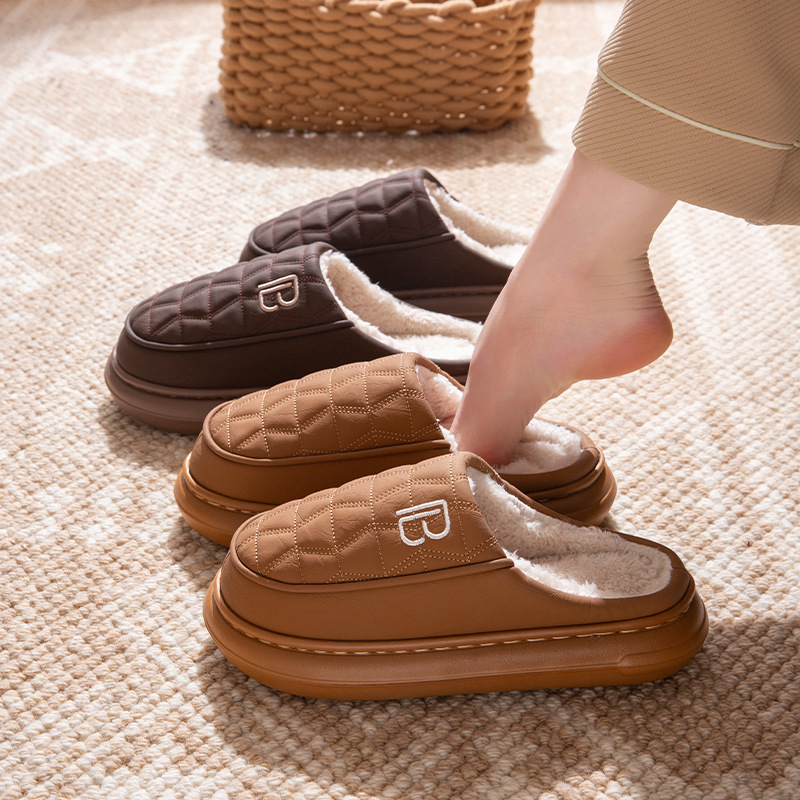 Autumn and Winter Waterproof Cotton Slippers for Women, New Velvet Warm and Non-Slip Couples, down Cloth Men's Slippers for Home and Outdoor Wear