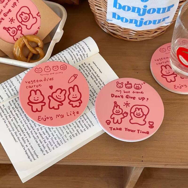 创意卡通兔子陶瓷杯垫粉色少女心杯子隔热垫家用桌面防烫桌垫餐垫|undefined