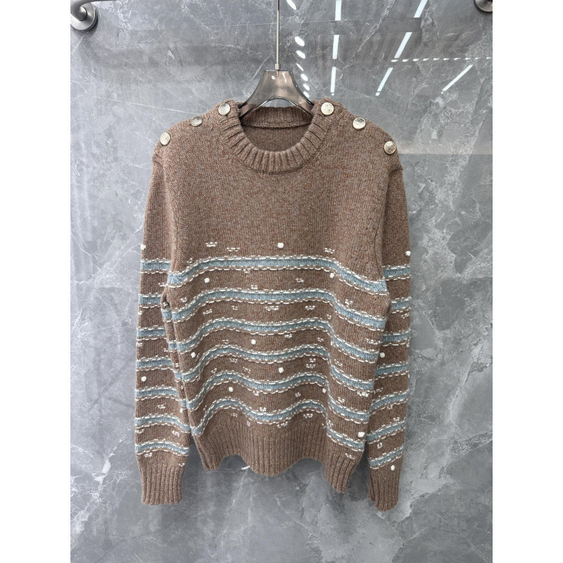 High-Quality Special Price Small Fragrance Style Elegant V-Neck Gold Button Contrasting Color Beautiful Ruffle Cashmere Striped Knit Cardigan