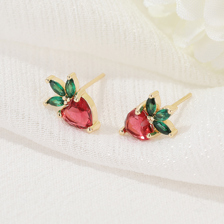 Copper Material Cherry, Fruit Pattern 1 Pair Vintage Style Classic Style Cherry Fruit Plating Copper Zircon Ear Studs