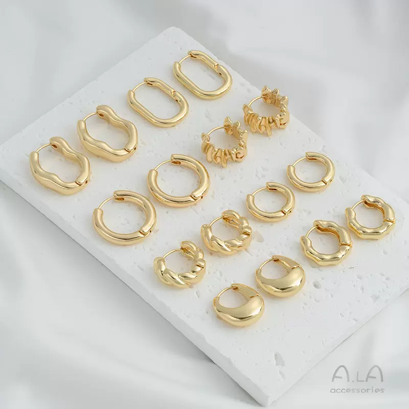 保色14K包厚金圆形椭圆熔岩异形耳环轻奢麻花耳圈高级感金属耳扣