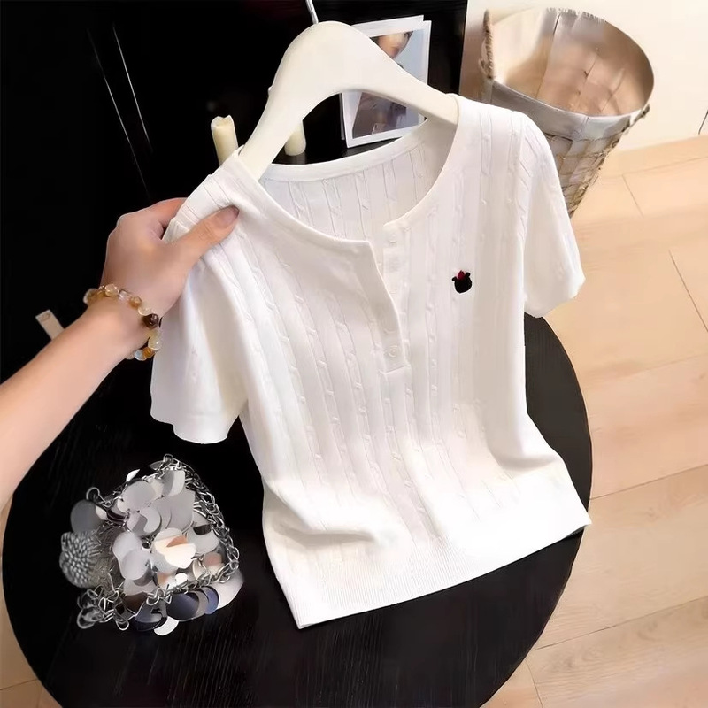 Brother's Boutique Quality Summer New French Style Versatile Pure Desire Style Button Half-Open Collar Short-Sleeve T-Shirt Knit Top for Women