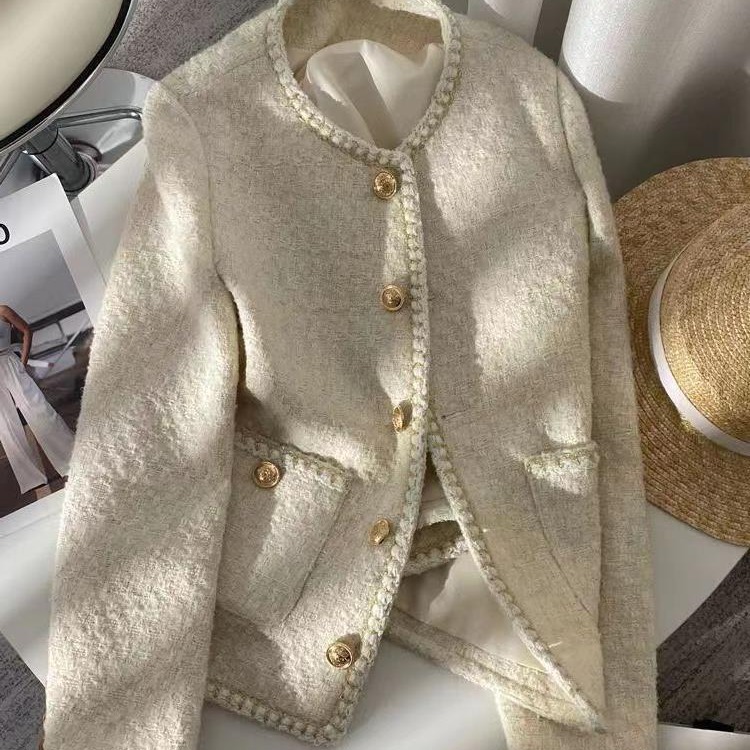 Spring and Autumn 2024 New Korean Style creamy-white French Short Style Fragrant Style Elegant Ladies Tweed Coat for Women
