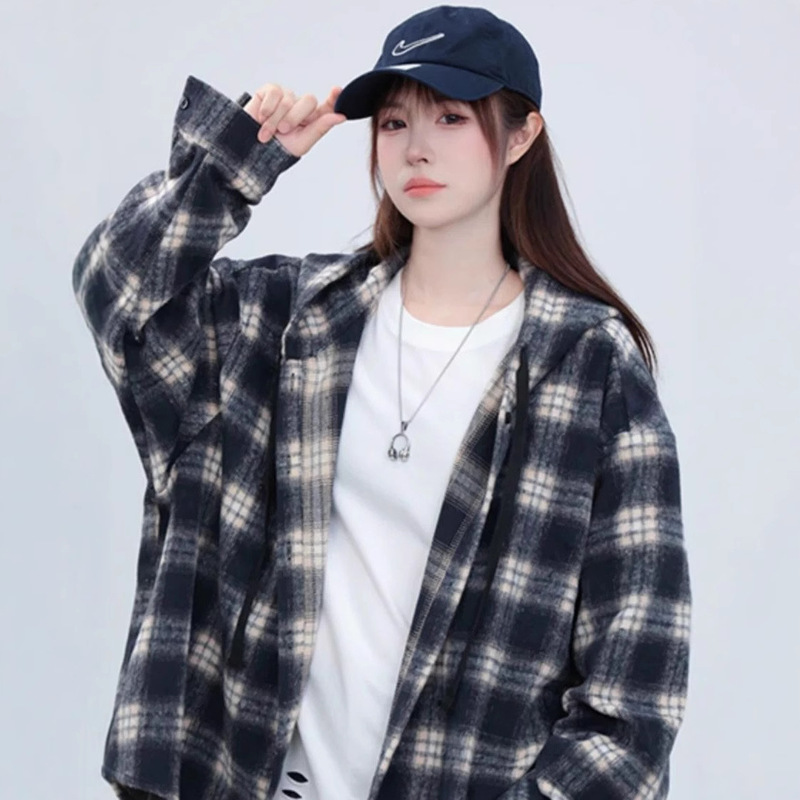Retro Contrast Plaid Hooded Long-Sleeved Shirts for Men and Women in Autumn and Winter New American Casual Loose Couple Shirts and Jackets