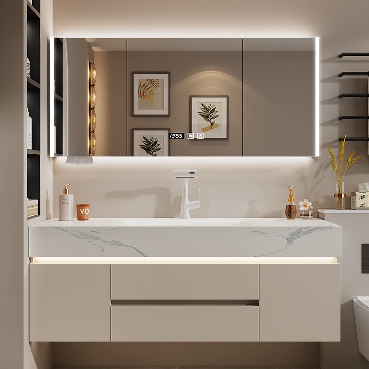 Light Luxury Cream Style Slate Hot-Bent Integrated Basin Bathroom Cabinet Combination Bathroom Washstand Wash Basin Solid Wood