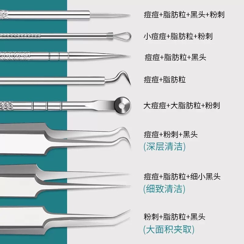 Stainless steel comedone extractor, blackhead removal tool set, including comedone needle, acne needle, and comedone tweezers