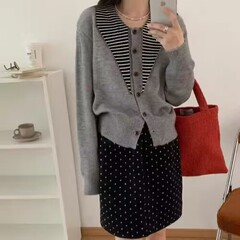 韩系条纹尖领百搭针织开衫女2025秋季新款别致宽松显瘦长袖毛衣潮