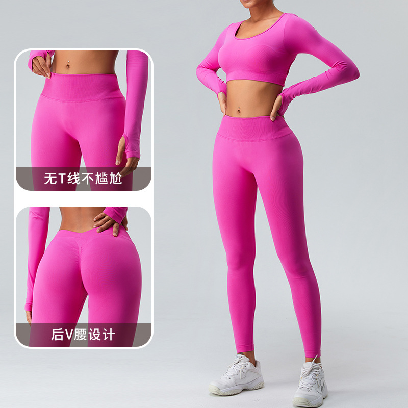 Ropa de Yoga de manga larga europea y americana transfronteriza tops de mujer espalda cruzada V cintura melocotón pantalones de yoga deportes ropa de fitness traje